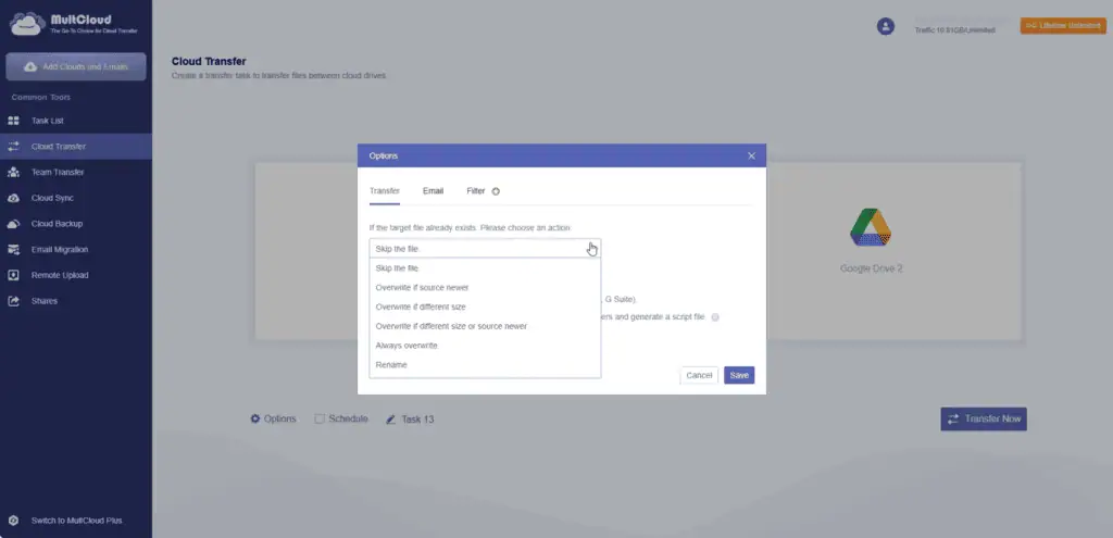 MultCloud transfer options listing the six actions for when a target file already exists