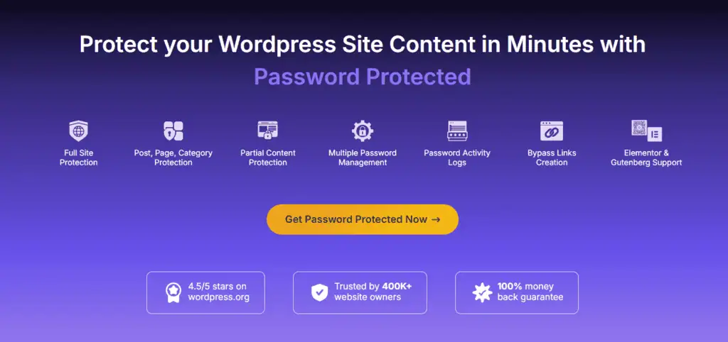 Password Protected WordPress plugin homepage showing full site protection, partial content protection and password activity logs