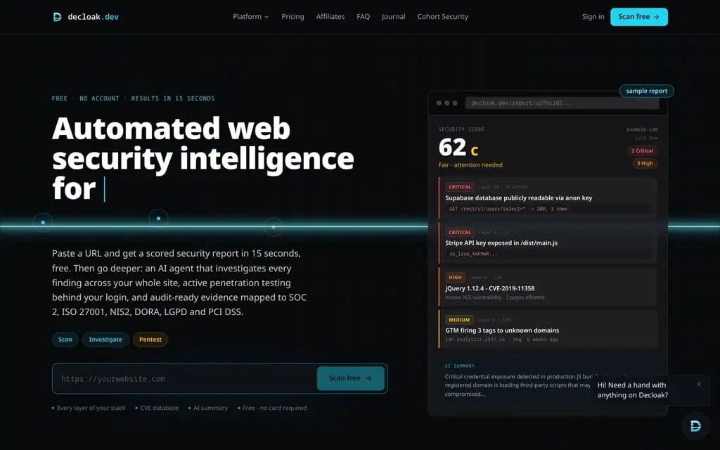 Decloak homepage with the free URL scanner and a sample report grading example.com 62, C, with two critical findings