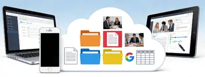 Google Drive files and folders in a cloud, synced across a laptop, phone and tablet