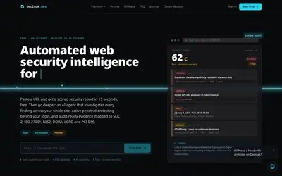 Decloak homepage with the free URL scanner and a sample report grading example.com 62, C