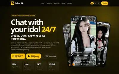 Tuikor AI homepage showing the chat with your idol hero and 1M+ AI personalities claim
