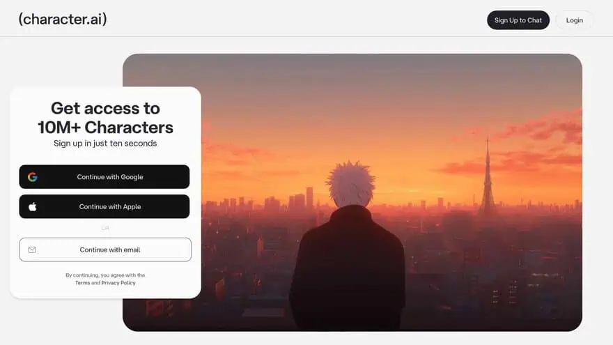 Character AI homepage with character library and search interface
