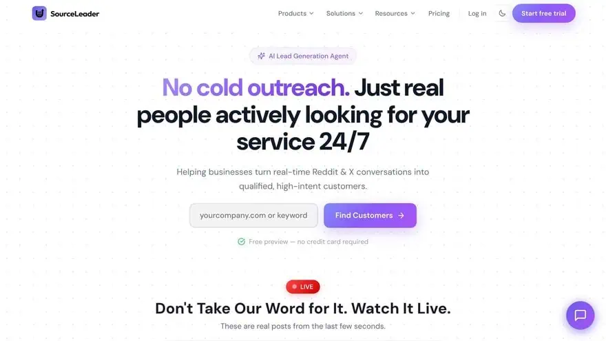 SourceLeader.com homepage with main value proposition and interface