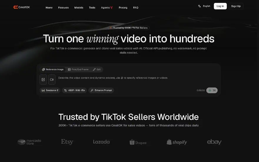CreatOK homepage showing AI TikTok video generator with one-click viral cloning