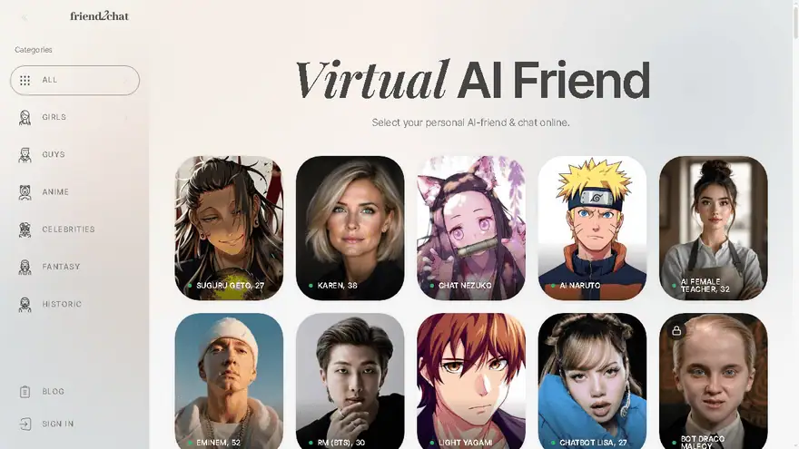 Friend2Chat homepage showing AI character catalog with girls, guys, anime, celebrities, fantasy and historic categories