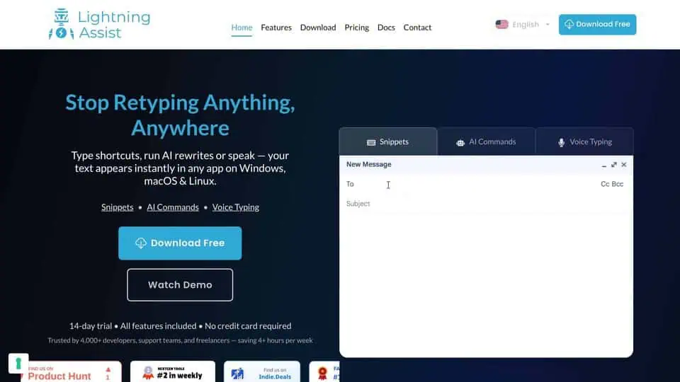 Lightning Assist homepage showing text expander with AI features