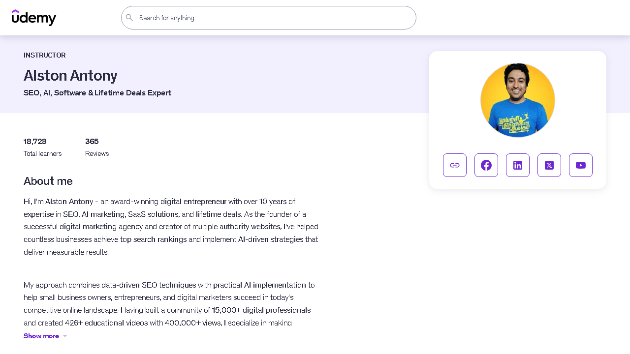 Alston Antony Udemy instructor profile showing 18,728 learners and 365 reviews