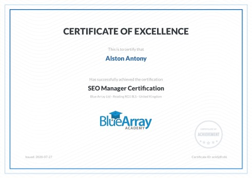 Blue Array Academy SEO Manager certification awarded to Alston Antony