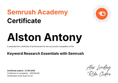 Semrush Keyword Research certification awarded to Alston Antony