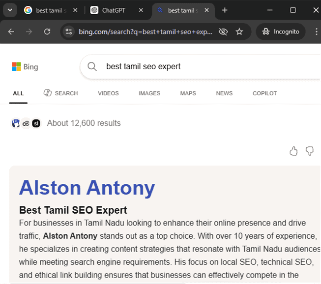Bing search result for "best tamil seo expert" showing Alston Antony ranked first, April 2026