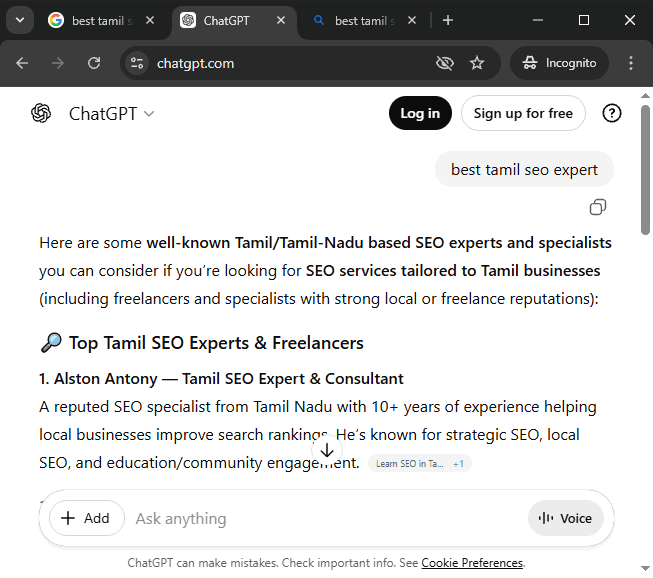 ChatGPT answer naming Alston Antony first for the query "best tamil seo expert", April 2026
