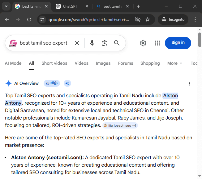 Google search result for "best tamil seo expert" showing Alston Antony ranked first, April 2026
