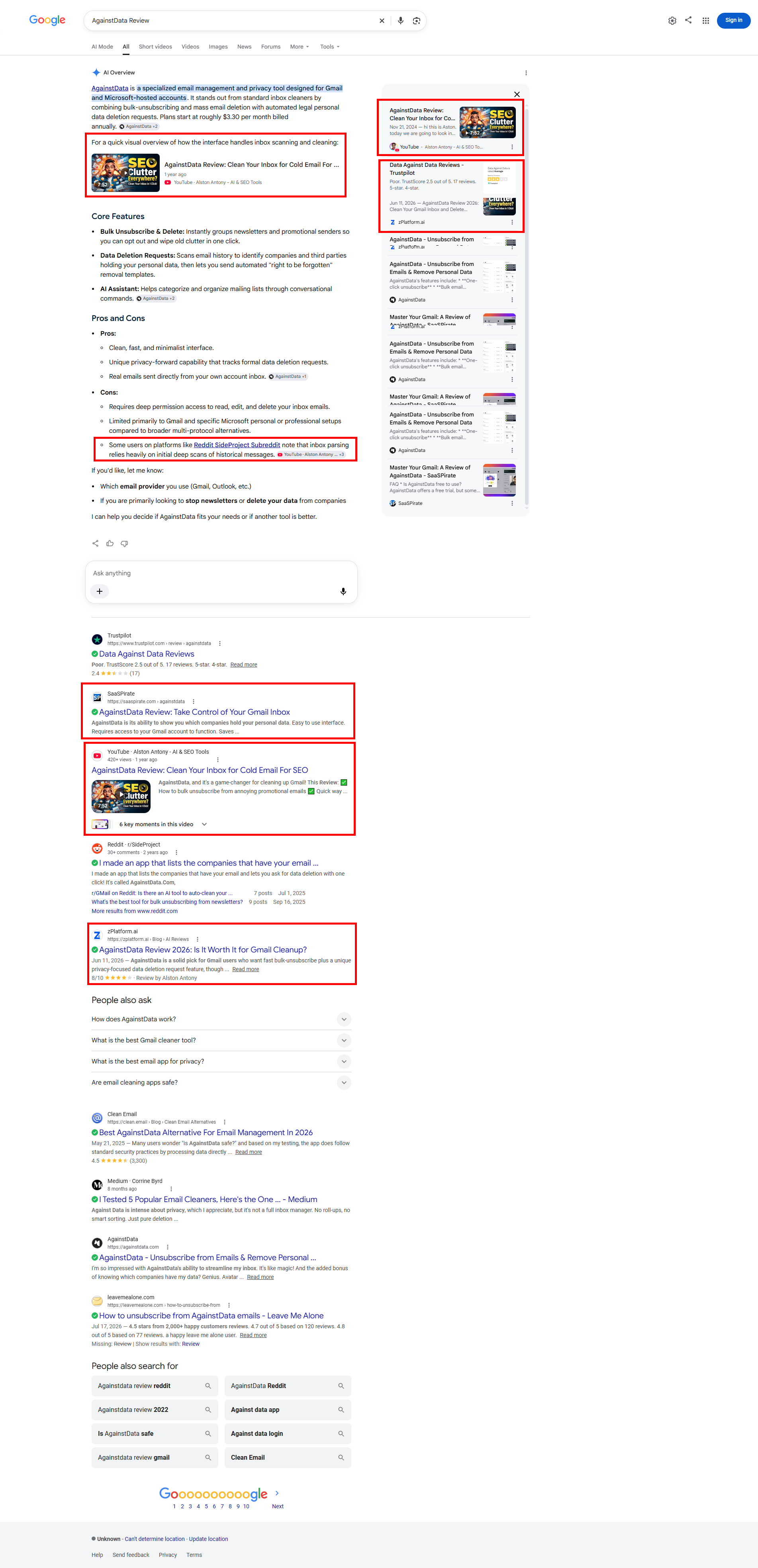 Google ranking proof for the AgainstData review by zPlatform.ai