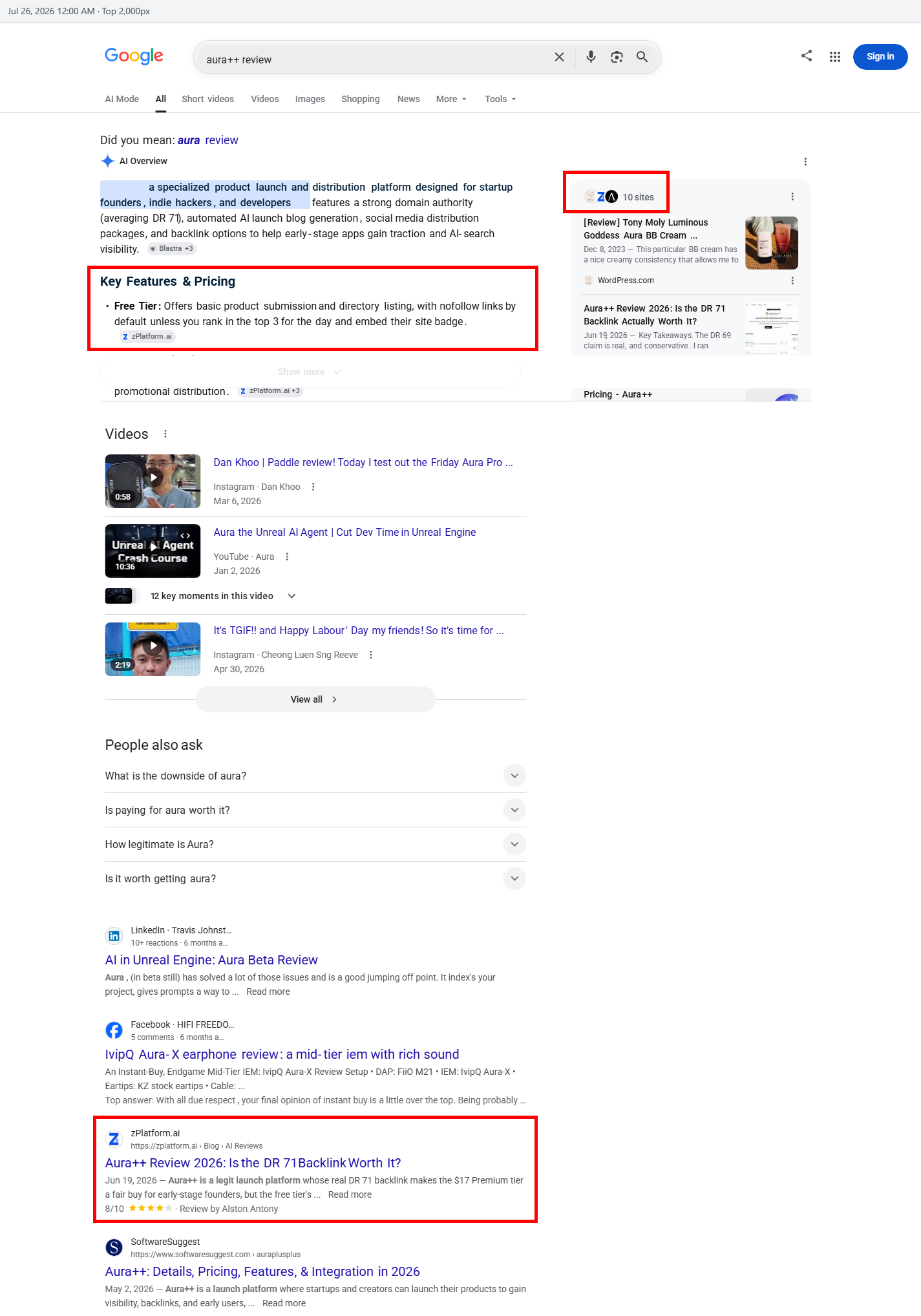 Google ranking proof for the Aura++ review by zPlatform.ai
