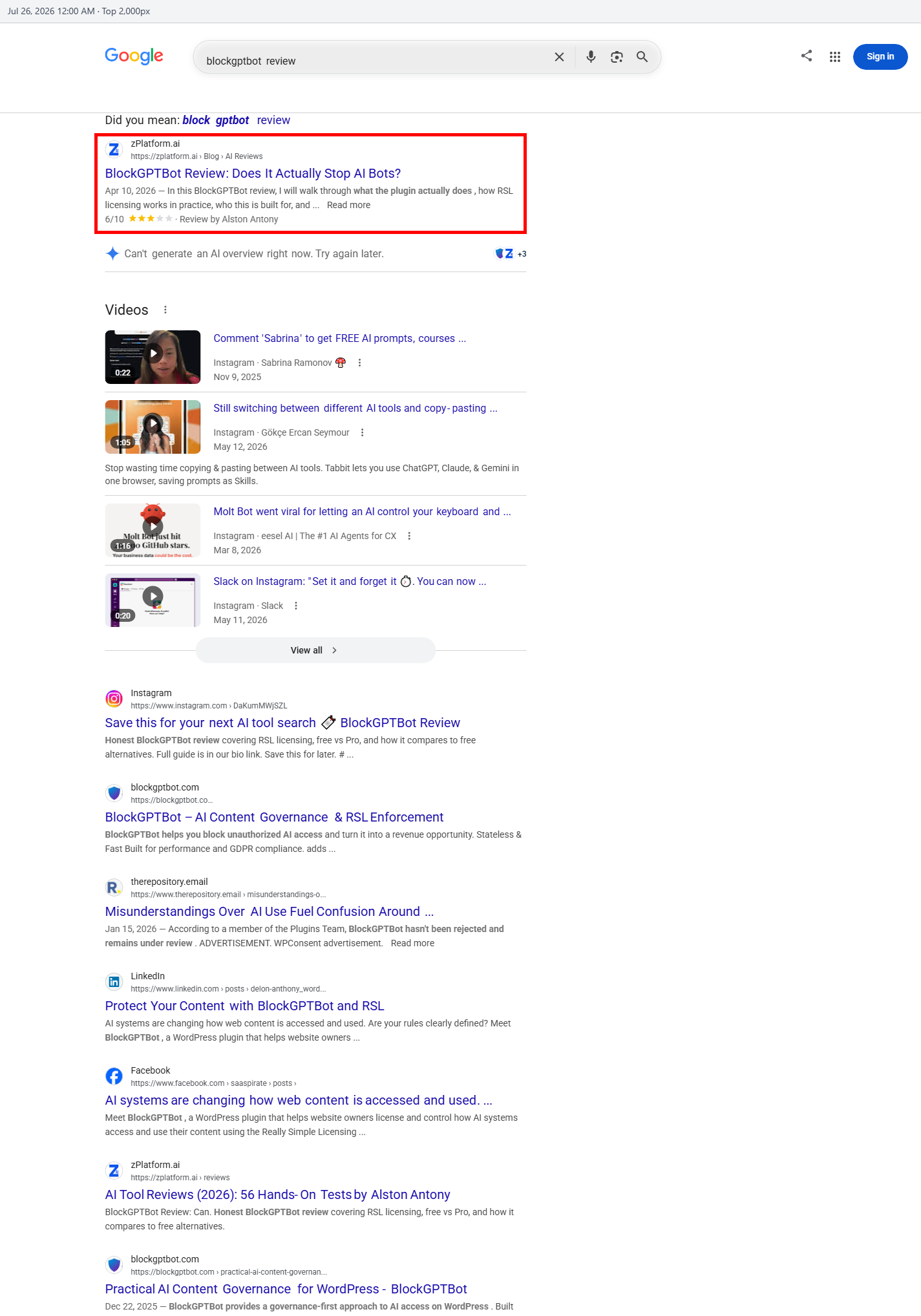 Google ranking proof for the BlockGPTBot review by zPlatform.ai
