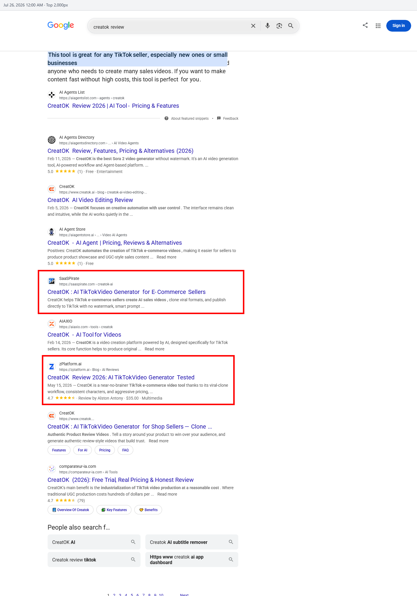 Google ranking proof for the CreatOK review by zPlatform.ai