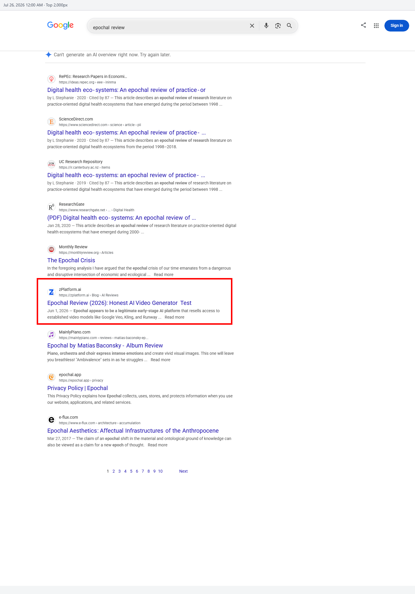 Google ranking proof for the Epochal review by zPlatform.ai