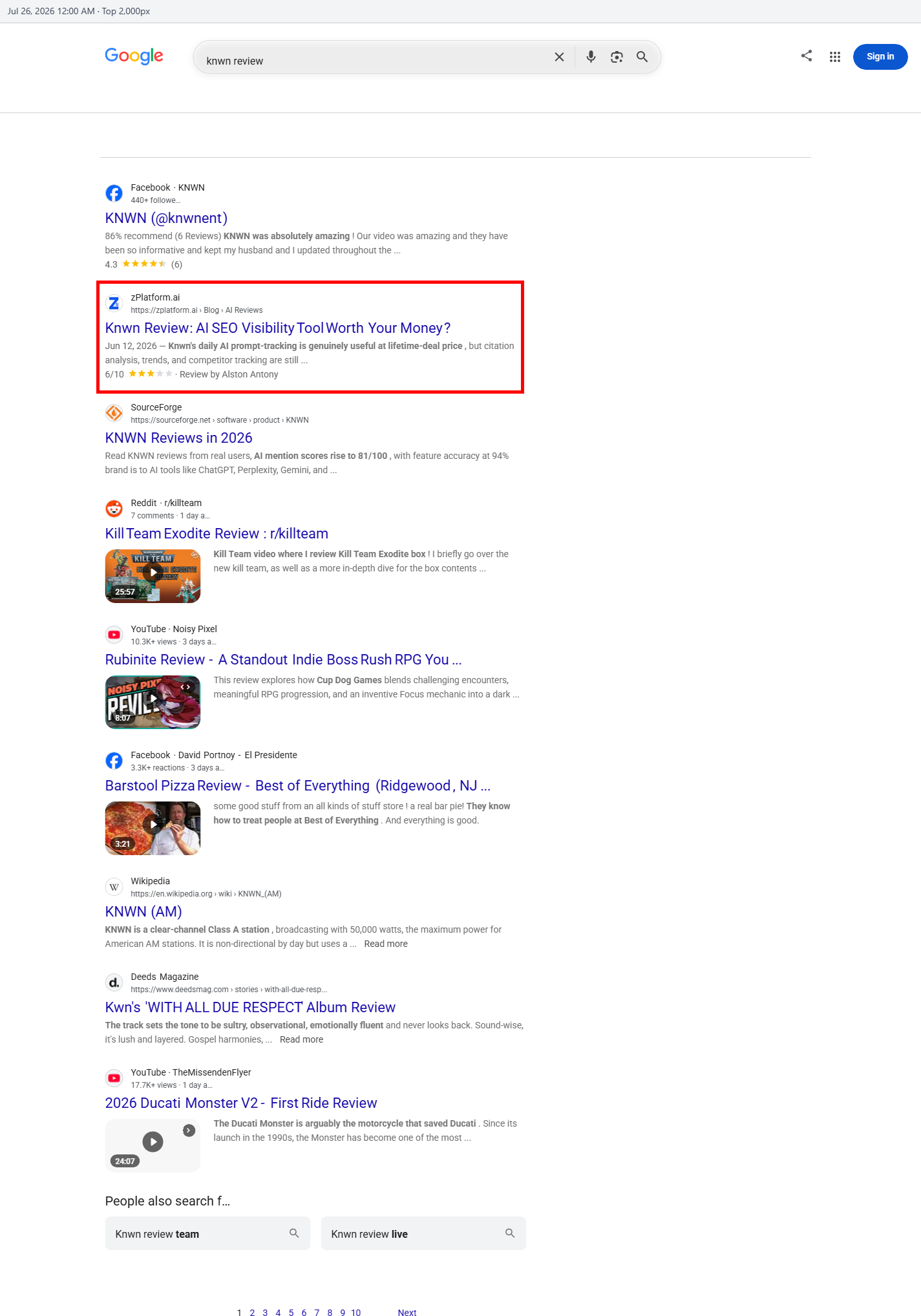 Google ranking proof for the Knwn review by zPlatform.ai