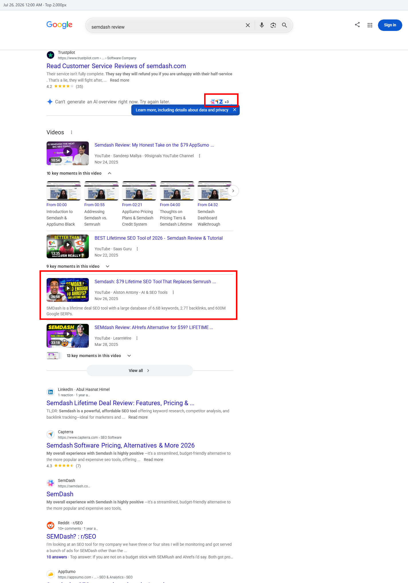 Google ranking proof for the Semdash review by zPlatform.ai
